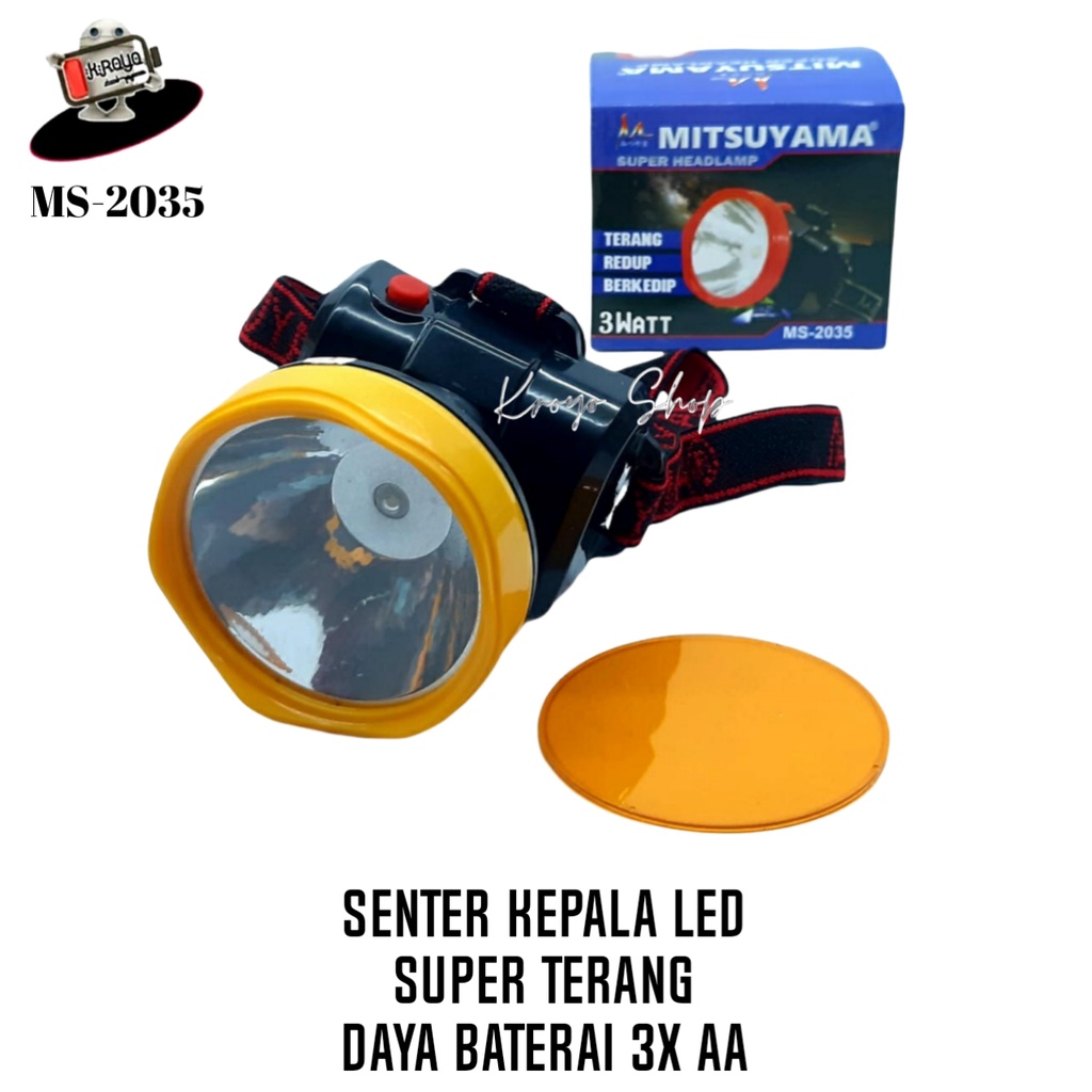 Senter Kepala Headlamp Mitsuyama 3 Model Cahaya Super Terang  Daya Batterai 3 AA/A2 MS-2035