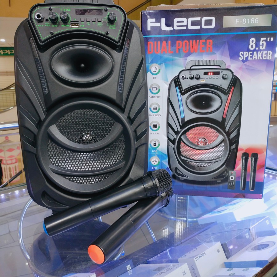 COD SPEAKER BLUETOOTH WIRELESS 8'5 INCH FLECO F-8166 BONUS DUA MIC WIRELESS X-BASS//SPEAKER WIRELESS FLECO F-8166//SPEAKER KARAOKE X-BASS//SPEAKER SALON AKTIF