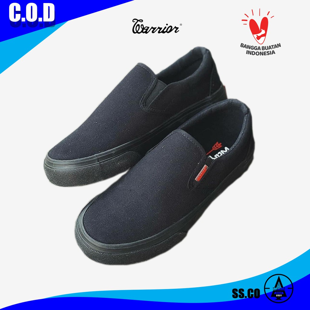 Warrior Slip On Arthur All Black Original - Sneaker Pria Branded Lokal - Sepatu Warrior Slip On