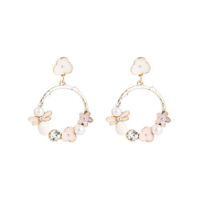 LRC Anting Tusuk Fashion Pink Flower Alloy Pearl Geometric Cutout Earrings D94297
