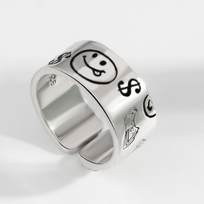 Perhiasan Cincin Sterling Silver 925 Wanita Adjustable Desain Bintang Smiley Face Vintage