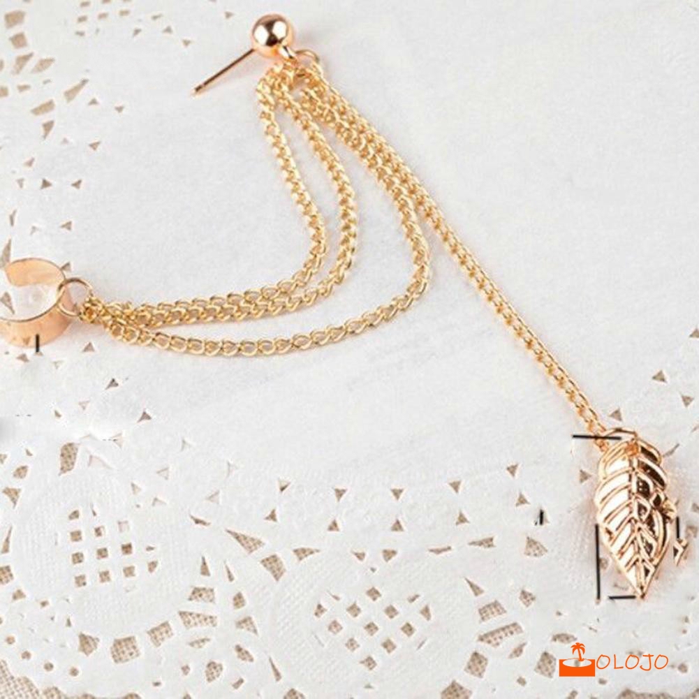 OLOJO Anting  Clip Tanpa Tindik Rantai Daun Anting Geometris Pinggiran Daun Paduan Earring