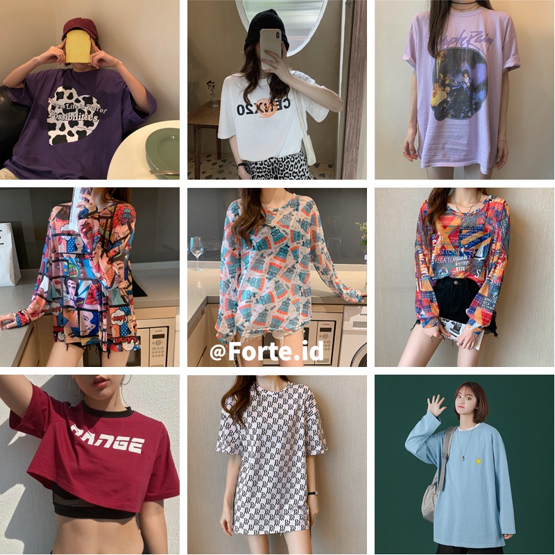 Atasan kaos longgar lengan pendek/lengan panjang fashion Korea untuk wanita