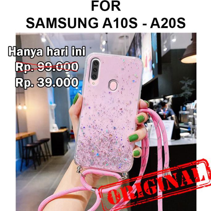 GLITTER LANYARD CASE SAMSUNG A10S - A20S CASING COVER SILIKON TPU TALI - A10S, BLACK