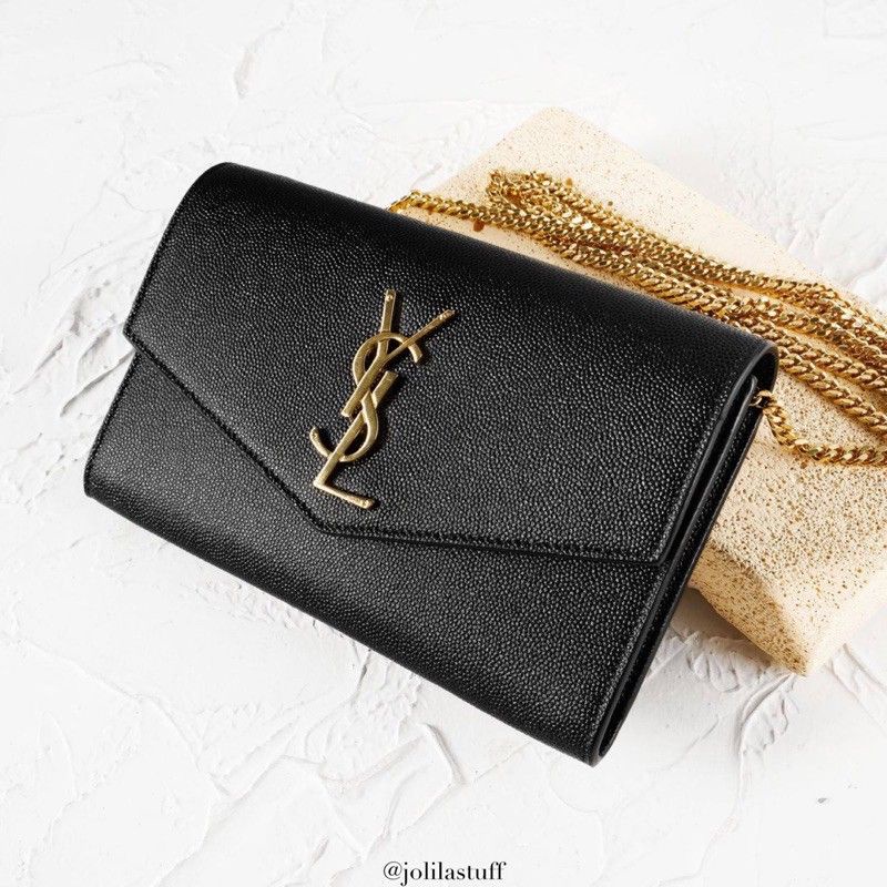 ORIGINAL YSL SAINT LAURENT UPTOWN CHAIN WALLET IN GRAIN DE POUDRE EMBOSSED LEATHER