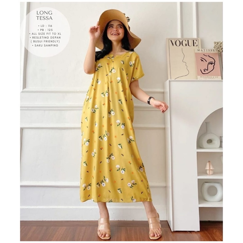 daster long semata kaki, daster panjang viral kekinian, daster rayon busui terlaris-Long Tessa Yellow