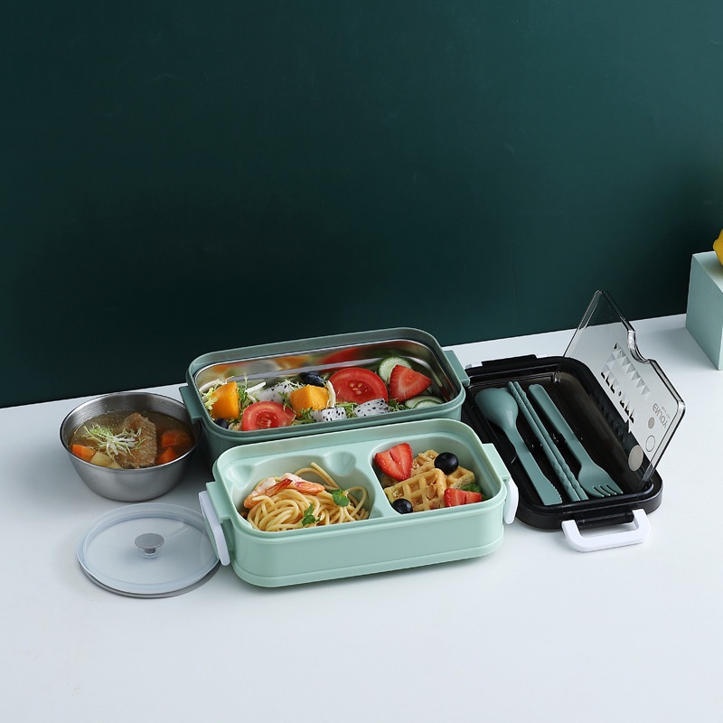 Kotak Makan Double layer Tempat Bekal Makan 2 susun Set Sendok Lunch Box Set BPA Free Bento Box