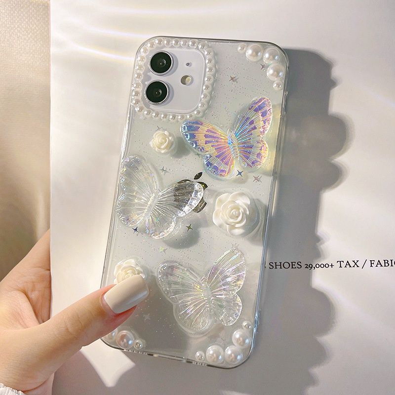 IPHONE Cute Butterfly Pearl Drop Glue Transparan Case Untuk Iphone14 7/8 SE 2020 7P/8Plus X XS XR 11 12 13 Mini Pro Max Casing Soft TPU Pelindung Kamera Cover Shell At002