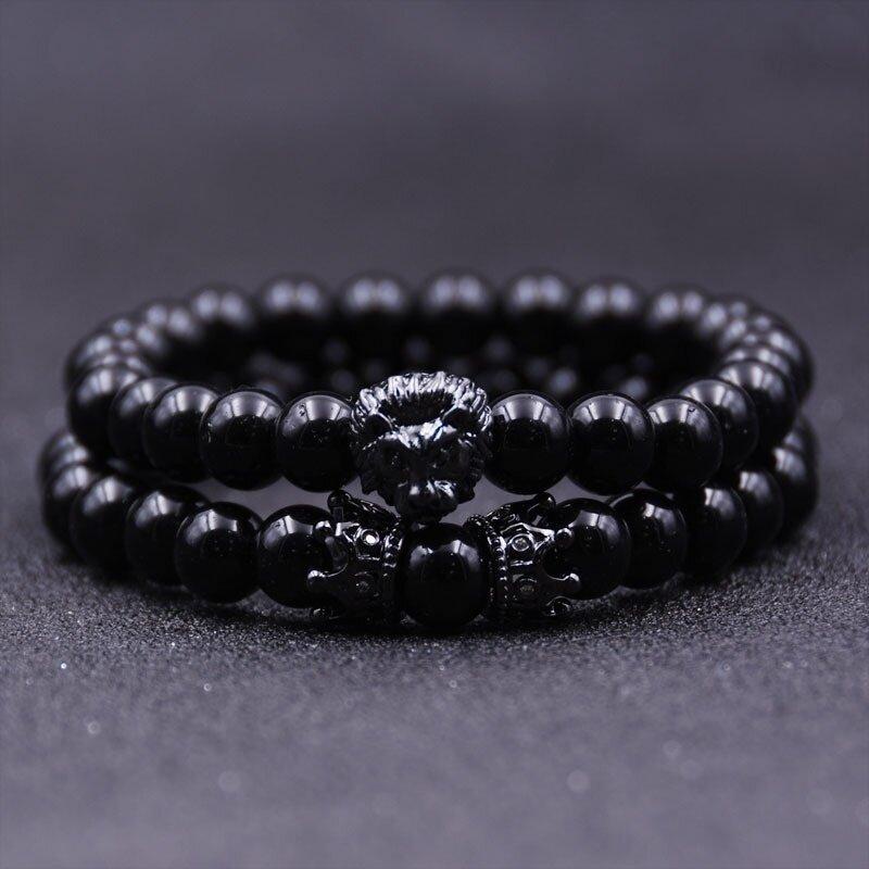 2pcs Gelang Manik-Manik Obsidian Imitasi Dengan Mahkota Singa Bahan Logam Gaya Klasik Untuk Pria Dan Wanita