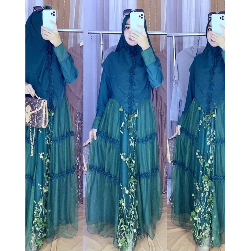 Set khimar Double layer Tile Brukat/ Set Brukat syar'i/Gaun Gamis Pesta