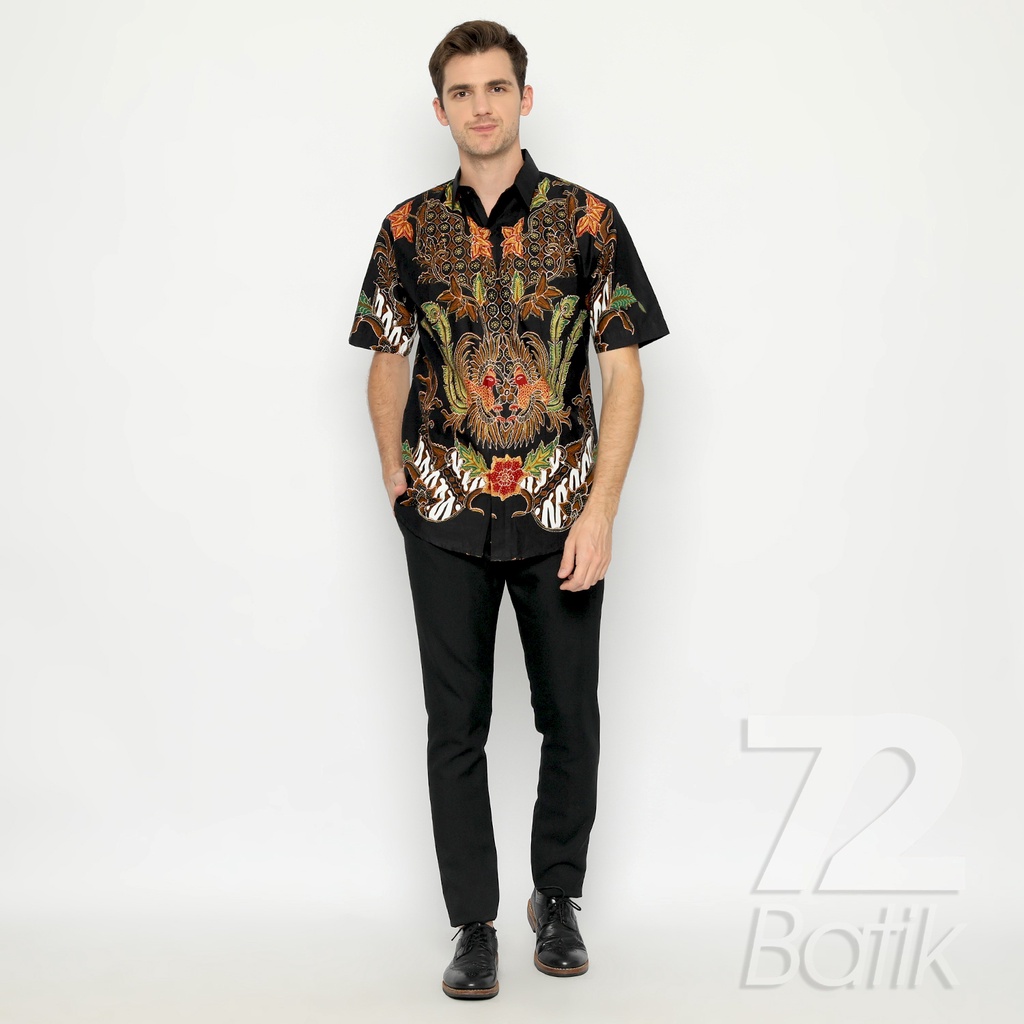 BATIK COUPLE MODERN Kemeja Rok Lilit Instan Batik Pria Lengan Pendek Premium Motif Casanova Hitam 721080 CAP 72