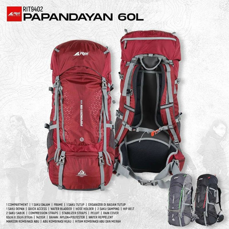 Tas Gunung Tas Keril Rei Papandayan 60L Original Free Raincover