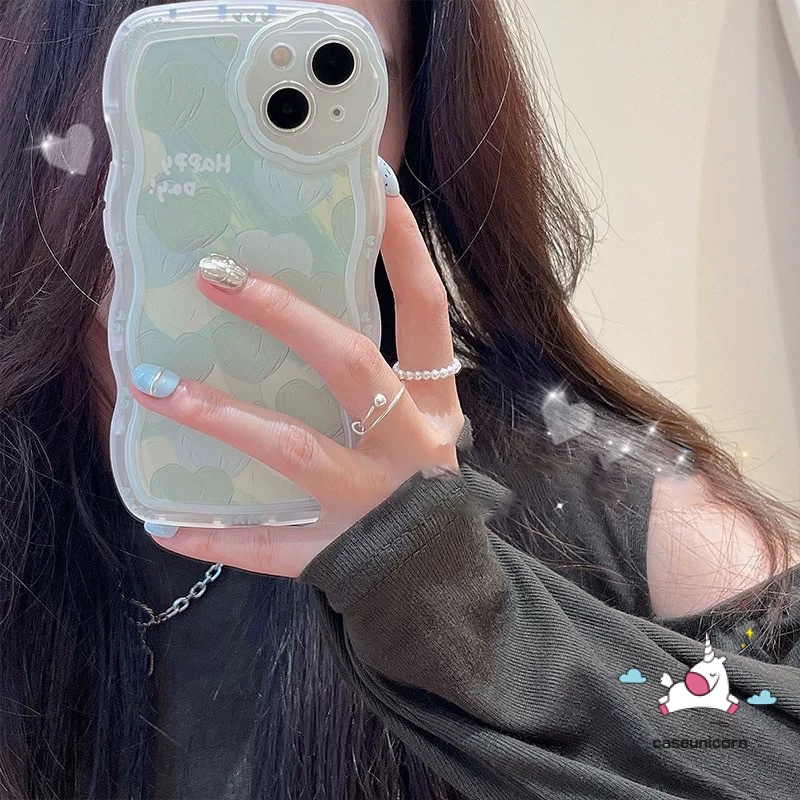 Soft Case TPU Motif Lukisan Minyak Hati Hijau Untuk iPhone 13 11 12 Pro MAX XR X XS MAX 6 6s 7 8 Plus SE 2020