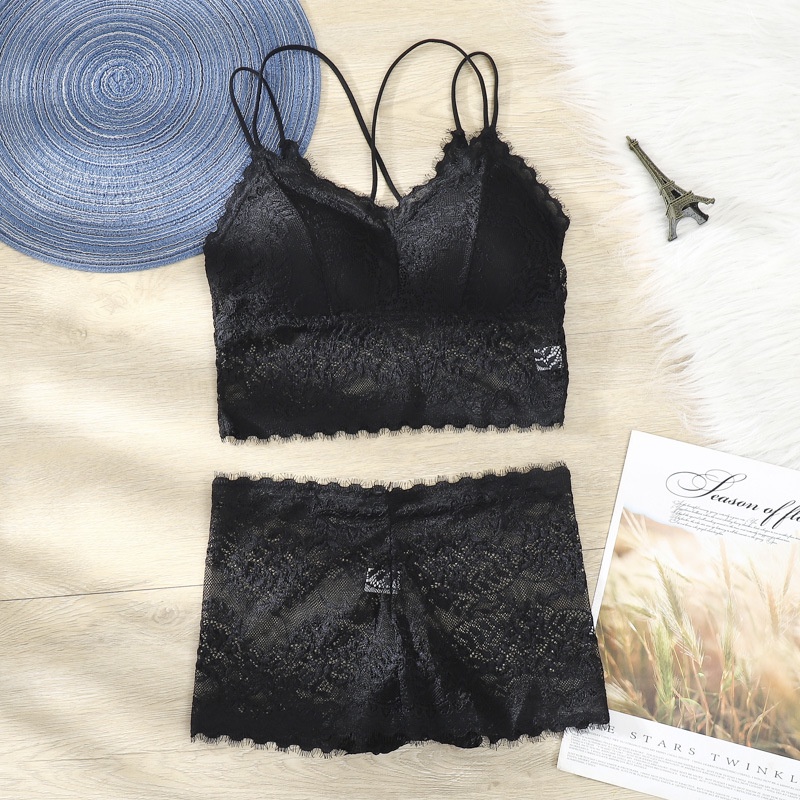 MM - Bra Set Push Up Sexy One Piece Set 6453 CD Brukat Wanita Celana Dalam Murah Tanpa Kawat-HITAM