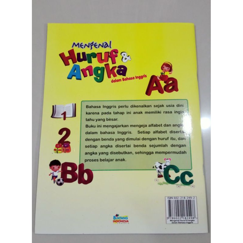 BUKU ANAK,BUKU MENGENAL HURUF DAN ANGKA DALAM BAHASA INGGRIS 64 HALAMAN (21×28CM)