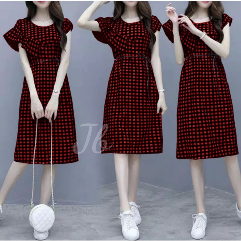 Aulia Dress Korea Motif Kotak Midi Dress Wanita Katun Pesta Kondangan Natal Remaja Korean Style Casu