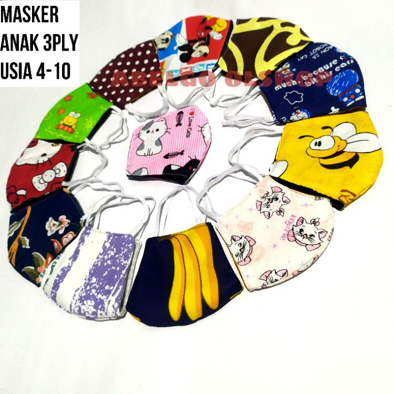 masker kain 3ply motif lucu untuk anak usia 4-10 Th/masker kain anak polos 3lapis cewek/cowok