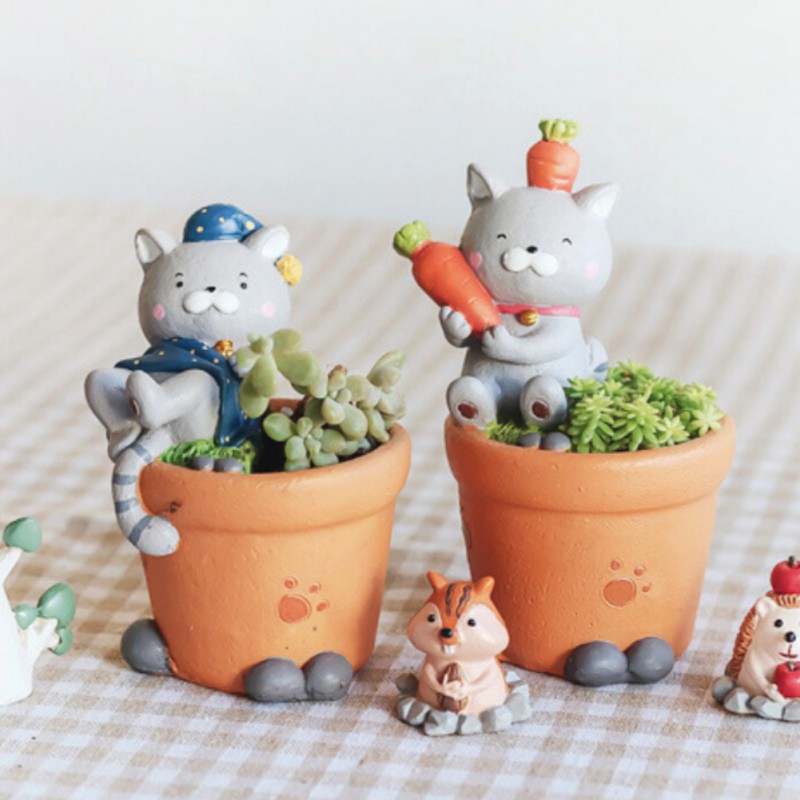  Pot  Bunga Tanaman dengan Bentuk Kucing dan Bahan Resin 
