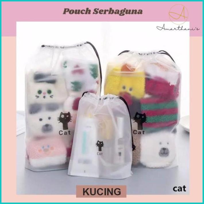 Ac - Tas Serut Cat Motif Kucing & Line Brown Nilon Tahan Anti Air Karakter