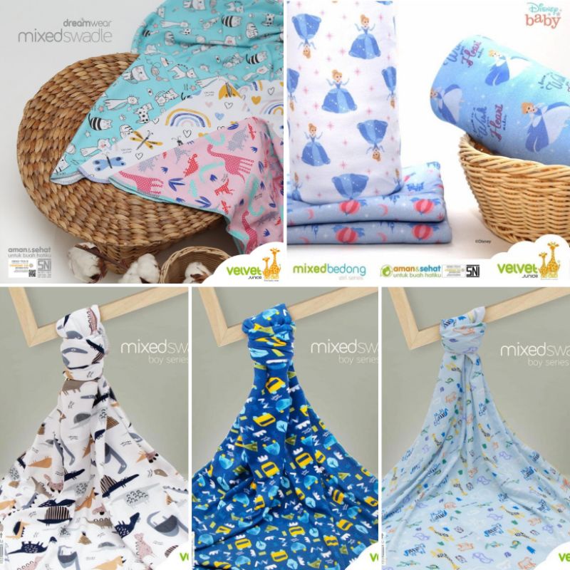 VELVET 3pc Bedong Bayi 90 x 110 Motif Boy Girl Cotton