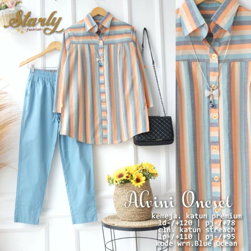 Setelan Celana Wanita Tunik Salur Jumbo LD120 Kekinian ALVINI ONE SET by Fashion Solo