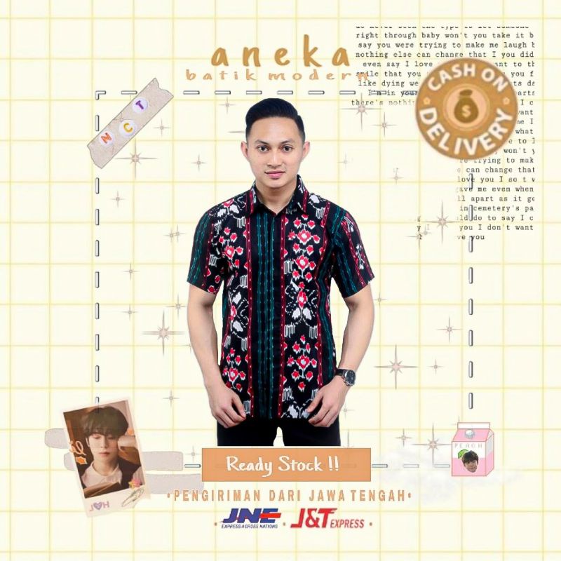 atasan hem batik cowok lengan pendek motif songket etnik hitam mix hijau botol merah m l xl formal