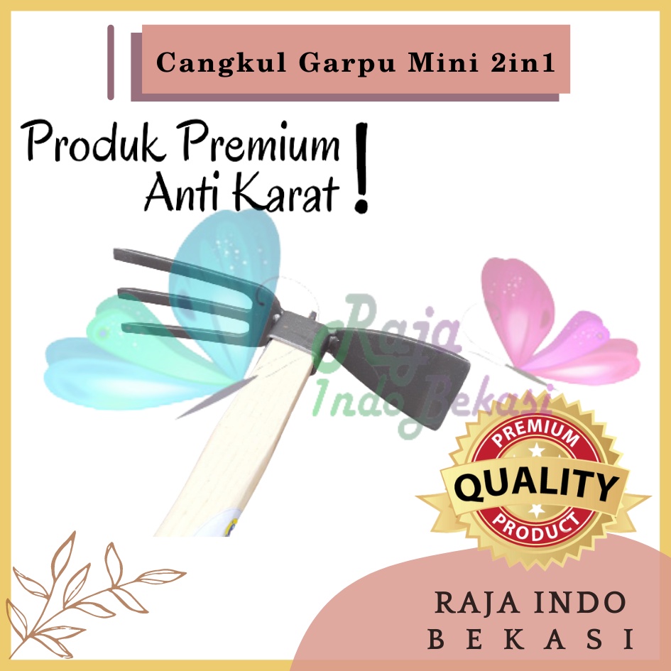 Cangkul Garpu Mini 2in1 Multifungsi Gagang Kayu Cangkul Garuk Garukan Pacul Kored Cored Koret Kebun Taman Mini Kecil Serba Guna Murah - Cangkul Garuk Rumput Baja Asli Anti Lengket Anti Karat