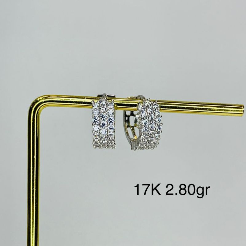 Anting Giwang Jepit Listring 3 Baris Emas Asli Kadar 750 17K Putih Full Mata Batu Permata Zircon
