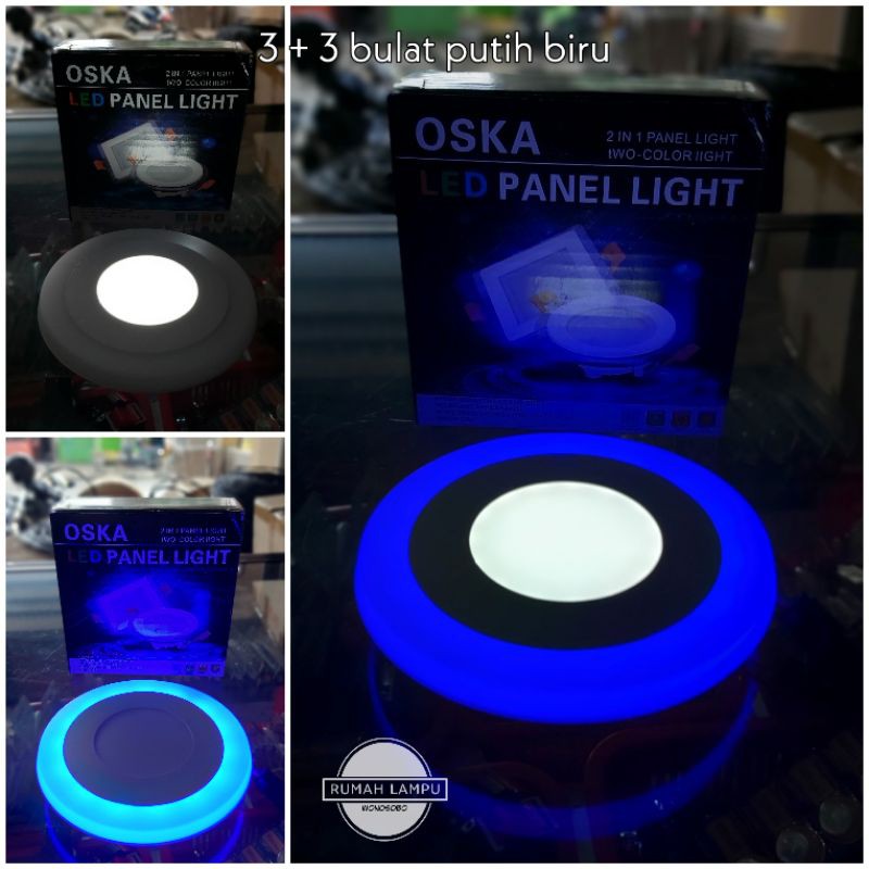 Lampu downlight panel 2 warna 3+3 bulat putih biru