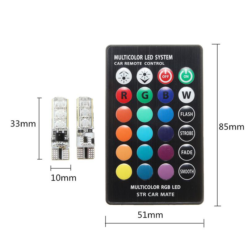 Lampu LED RGB Mobil T10 6 SMD 5050 2W 12V 2 PCS + Remote Control - Multi-Color