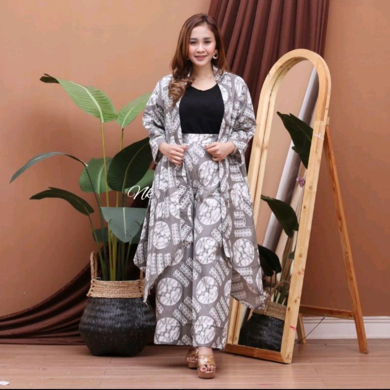 setelan outer batik. set vest outer kekinian