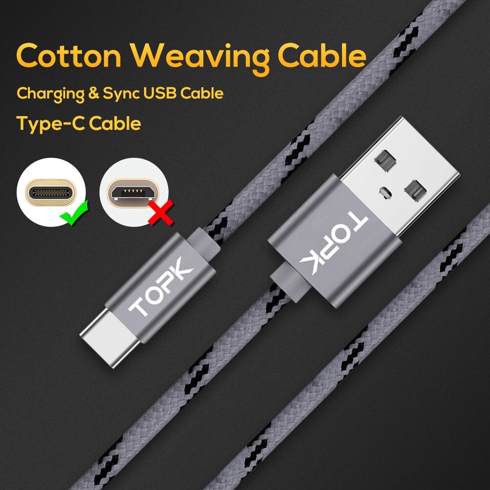 TOPK Kabel Charger USB Type C Braided 1 Meter 3A - AN09 - Dark Gray