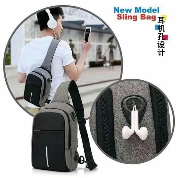 Tas Selempang Travel USB + headset Port  Tahan Air Sling Bag Tas Pria Tas Selempang Pria