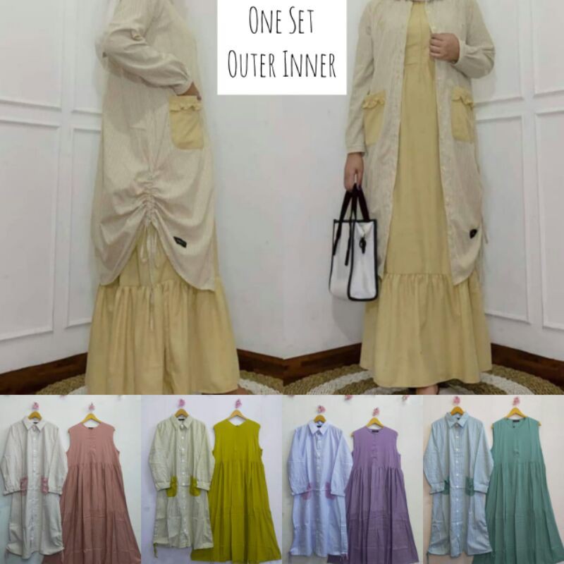 _One Set Long Tunik/Outer Cardi Salur Serut Inner Rayon_
