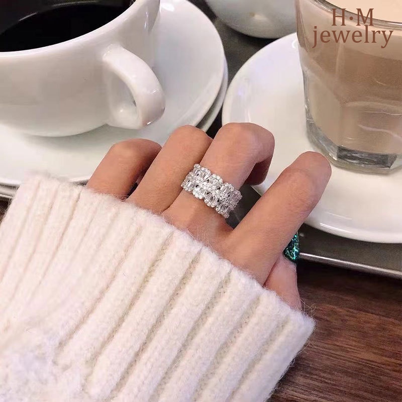 Cincin S925 Silver Bentuk Kelopak Bunga Aksen Berlian Penuh