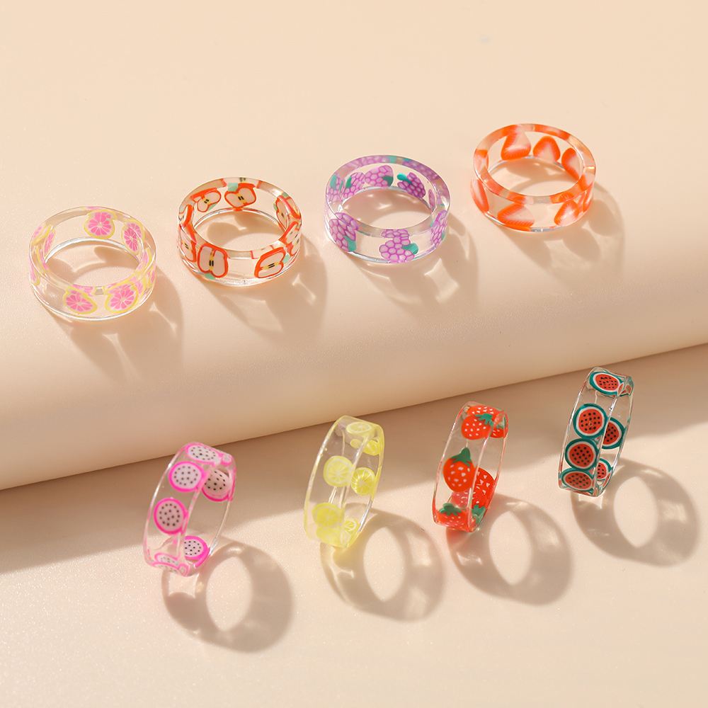 8pcs / Set Cincin Resin Hias Berlian Warna-Warni Gaya Retro Korea Untuk Wanita