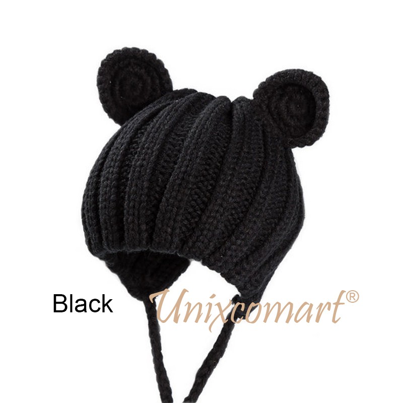 Topi Kupluk Anak Bayi Rajut BONNET MOUSE Ears Cap Topi Kupluk Anak Bayi Rajut-Black