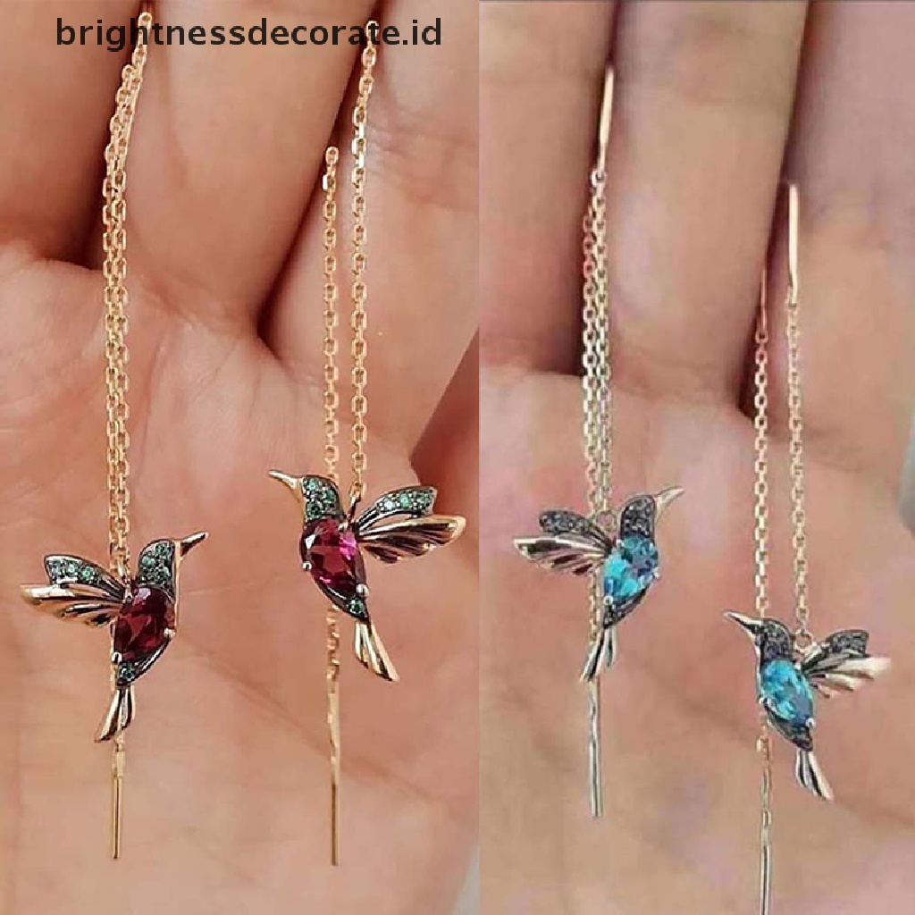 Anting Panjang Liontin Burung Kolibri Aksen Kristal