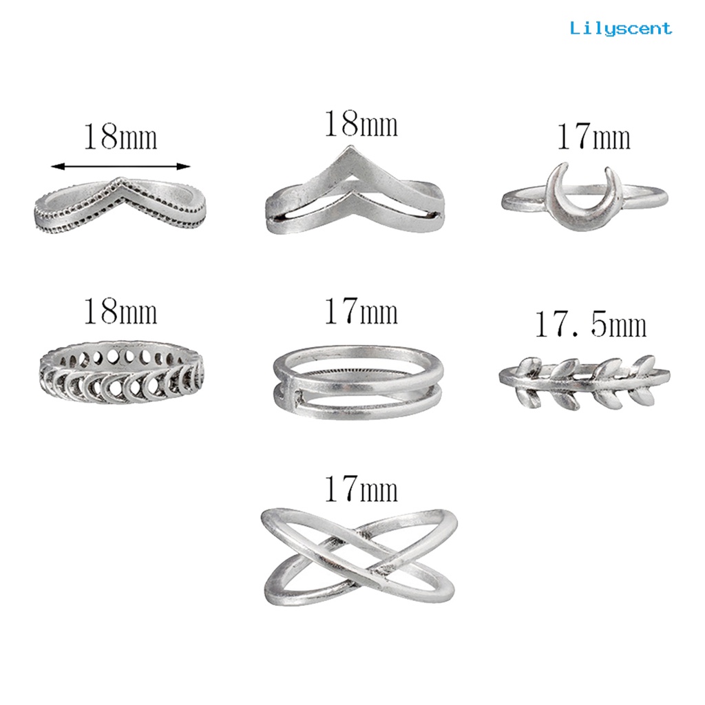 Lc 7Pcs / Set Cincin Jari Electroplate Motif Salib / Bulan / Daun Bahan Alloy Untuk Wanita / Pesta