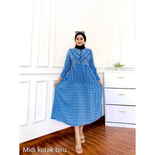 gamis wanita Midi dress rayon viscos motif salur pakaian wanita kekinian busui kancing warna biru kuning hijau ungu