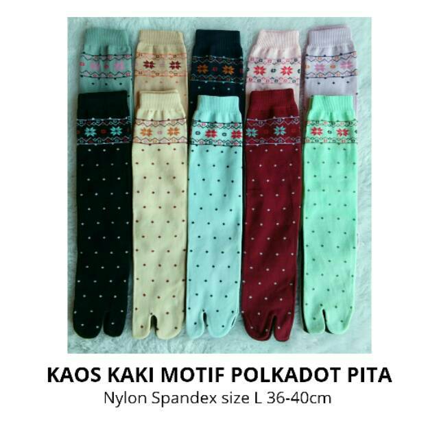 Kaos Kaki Jempol Wanita Muslimah Motif Polkadot Pita (Nylon Spandex Size L Tapak Hitam Panjang Murah