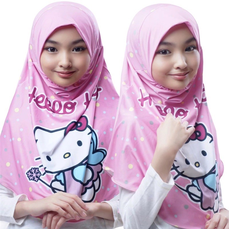 BERGO ANAK PRINTING MOTIF HELLOKITTY PINK / HIJAB INSTANT ANAK KARAKTER LUCU