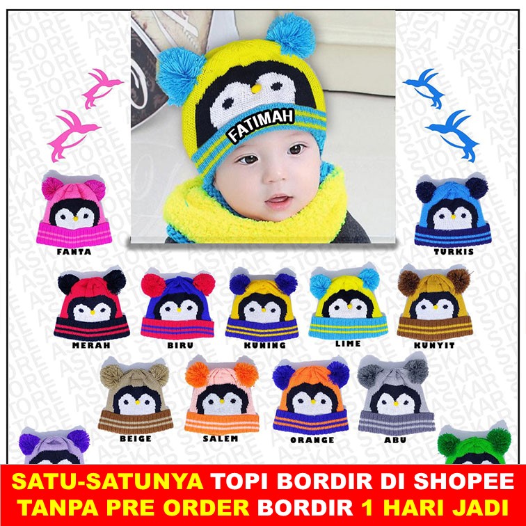Kupluk Bayi Karakter Pinguin Custom Bordir Nama Pom penguin