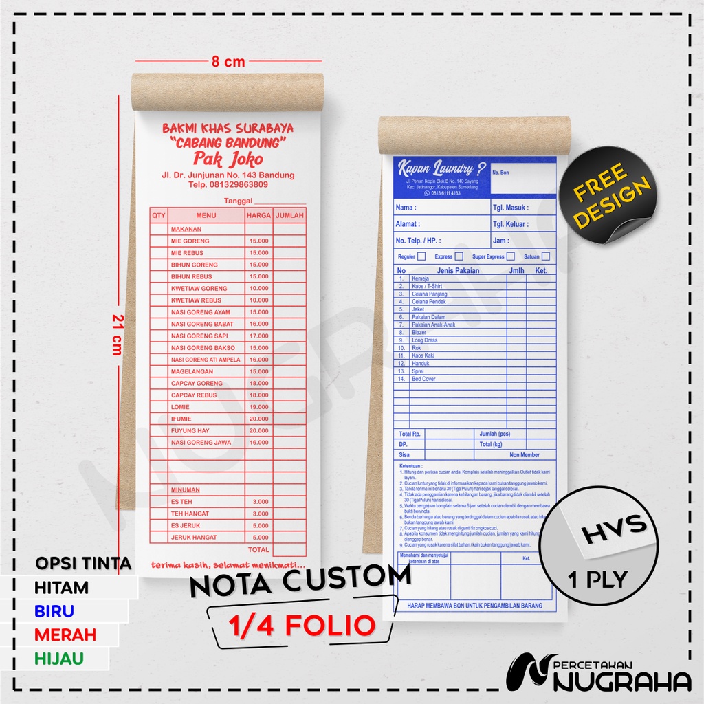 

NOTA CUSTOM 1/4 FOLIO 1 RANGKAP / BUKU NOTA KONTAN Isi 50 lembar