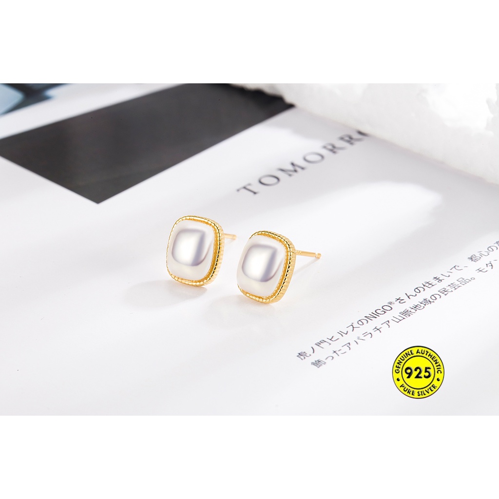 Anting Stud Zircon Mutiara Bentuk Persegi Bahan S925 Silver Gaya Retro Perancis Untuk Wanita