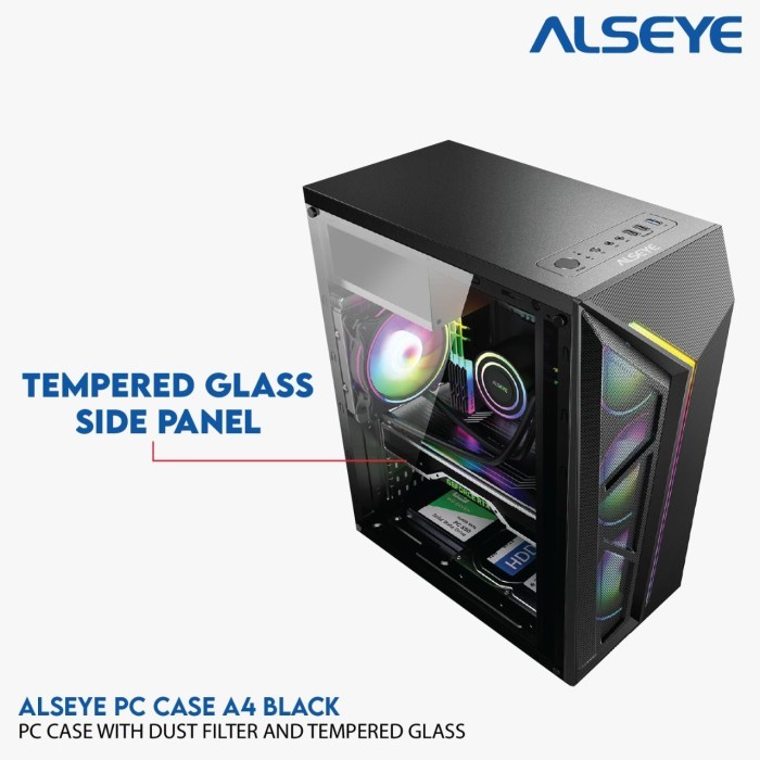 Alseye A4 Black RGB Tempered Glass Casing PC Gaming