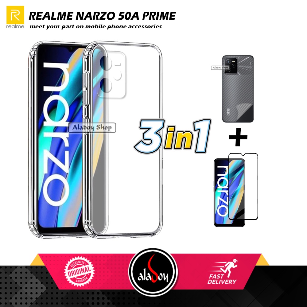 Casing Realme Narzo 50A Prime New Case Ultrathin Premium  Softcase Clear HD + Tempered Glass Layar Full + Skin