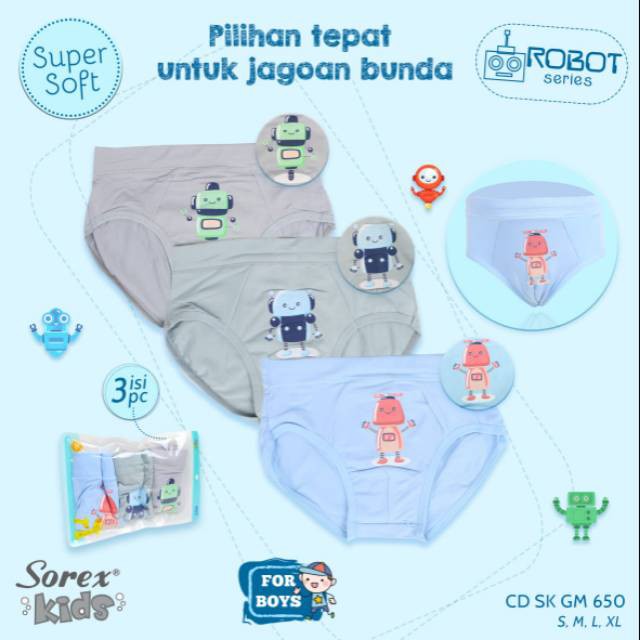 CD Celana Dalam Anak Kecil Cowok Sorex Kids GM 650 size L dan XL Isi 3pcs