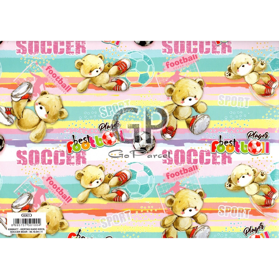 ( 5 Lembar ) KERTAS KADO SOCCER BEAR KIKY - GIFT WRAPPING PAPER BERUANG FUTSALL / FOOTBALL CUTE TEDDY BEAR CLASSIC