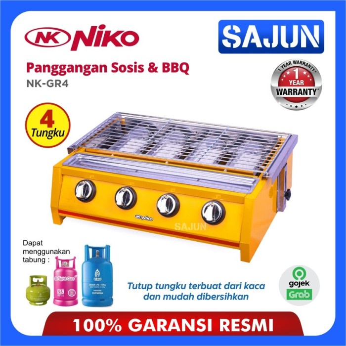 Niko NK-GR4 BBQ Grill Gas Kompor 4 Tungku, NKGR4 Pemanggang Sate BBQ Dengan Varian Kuning dan Stainl